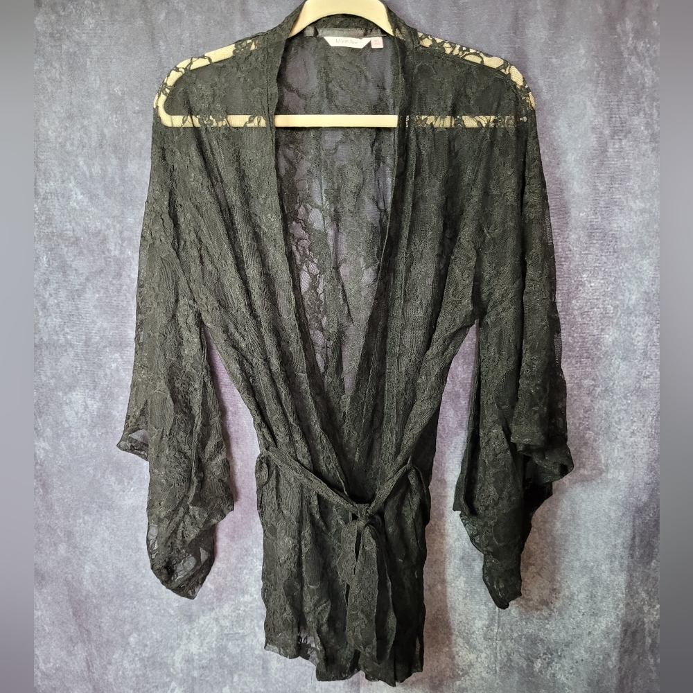 La Vie En Rose Sheer Black Lace Short Robe